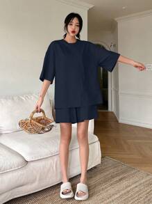 DAZY Minimalist Solid Color Oversized T-Shirt And Shorts Pajama Set