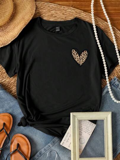 SHEIN LUNE Einfarbiges minimalistisches Herz bedrucktes Damen T-Shirt, Grafikdruck Leopardenmuster Damen Oberteile