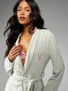 Missguided x Playboy Christmas Soft Jersey Long Sleeve Robe With Belt - Light Grey - View 3