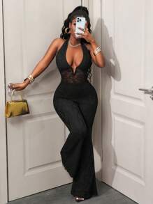 BamGleam 女式V领黑色蕾丝透视性感连体裤 - 黑色 - 查看 6