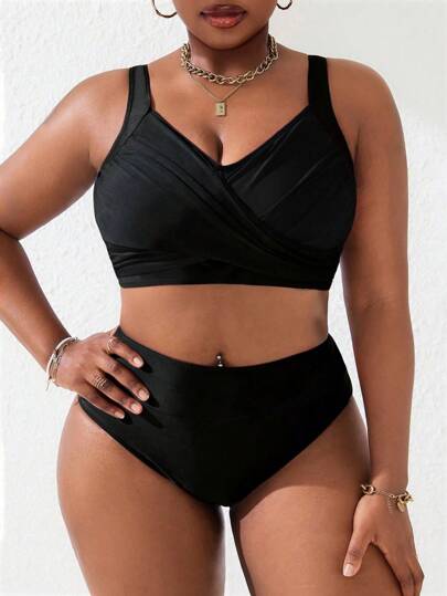 Slaydiva 2pcs/Set Plus Size Women's Black & Pink Overlay Ruched Tankini Swimsuit Set, Summer Beach Holiday