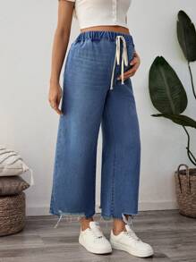 SHEIN Jeans de mezclilla con flecos y amarres a la cintura sueltos para embarazadas, adecuados para uso diario en verano