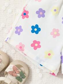 SHEIN Baby Girl Summer Floral Print Camisole Top And Elastic Waist Shorts Set, Suitable For Vacation - White - View 6