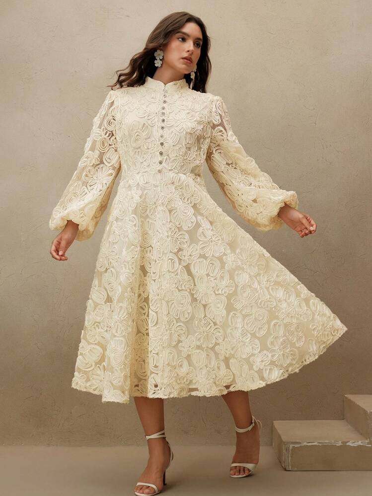 Anewsta فستان أنيق رومانسي بأكمام طويلة على شكل خط A مع طبعات زهرية ثلاثية الأبعاد لسيدات البدناء ، مناسب للربيع والصيف - لون مشمشي - مشاهدة 7