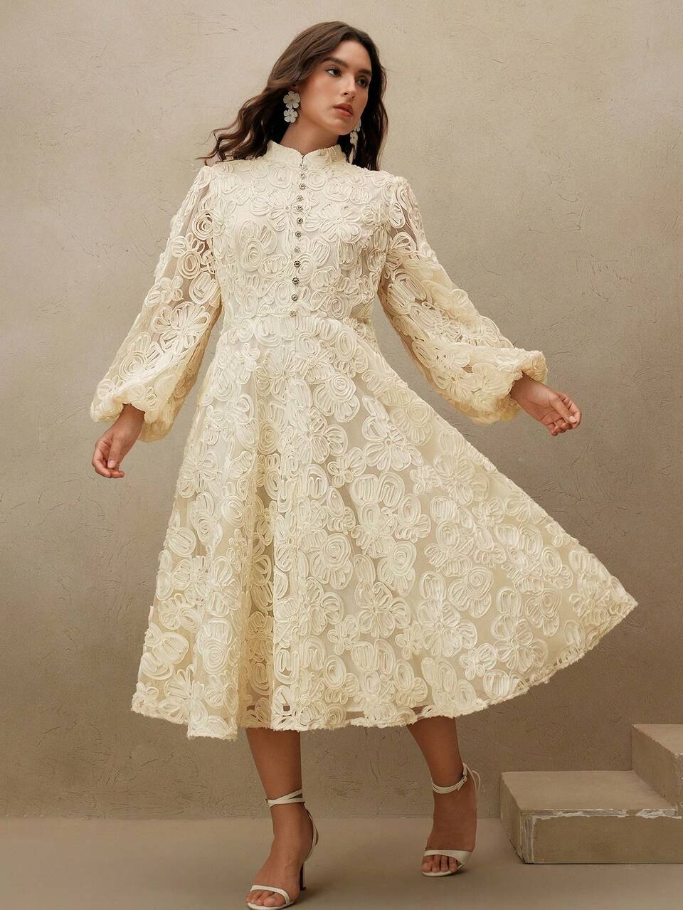 Plus Size Elegant Romantic 3D Ditsy Floral A-Line Long Sleeve Dress For Women, Spring/Summer
