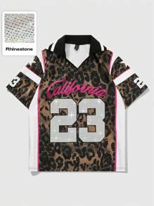 ROMWE MEN Street Life Polo de hombre con estampado de logotipo y adorno de rhinestone del nombre de una ciudad estadounidense, adecuado para uso diario en primavera/verano