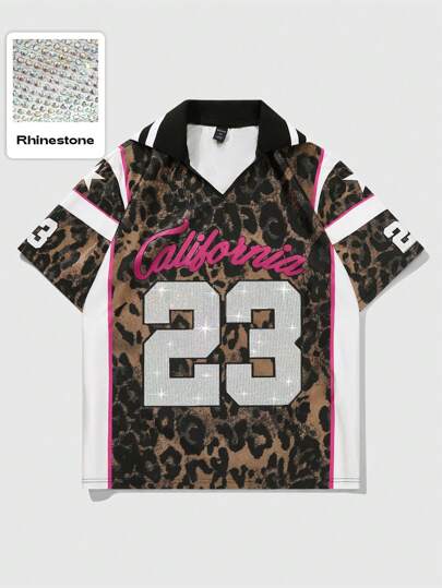 Street Life Men's Street Leopard American City Name Logo Print Rhinestone Decor Polo Shirt