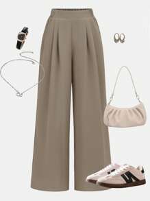 Girlism Pantalones anchos de tiro alto con pliegues para adolescentes, elegantes y versátiles para el diario, el casual y el streetwear, cómodos y con estilo, adecuados para volver al colegio, vacaciones familiares, picnics al aire libre en primavera y uso diario en diferentes ocasiones