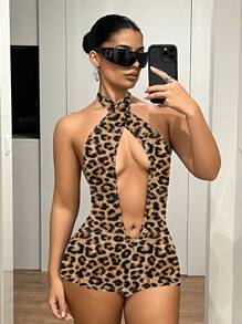 SHEIN ICON Mono casual y sexy de mujer con espalda descubierta y cuello anudado, con estampado de leopardo, adecuado para el verano