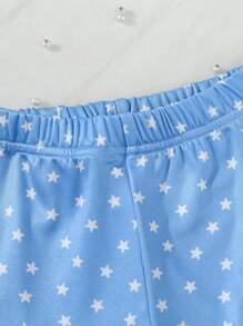 SHEIN Conjunto de pijama ajustado de 4 piezas con estampado de corazón y estrella para niña, con top de manga corta y pantalones, en estilo princesa rosa y azul