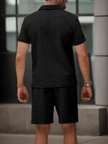 Manfinity Homme Men's Solid Color Polo Shirt And Shorts Set, Casual & Minimalist For Daily Wear Men's Two Pieces Casual Casual Plus 2 Pieces Outfit Men Casual Two Pieces Set Men Outfits For Men T Shirt Co Ords 2 Pieces Outfit Men Outfits 2 Pieces Men Summer Outfits Men T Shirt Co Ords Men's 2 Pieces Outfit Casual Two Pieces Set Men Men Two Pieces Outfits - Black - View 2