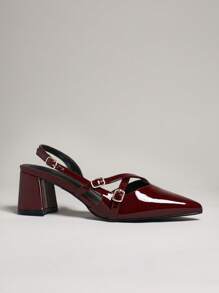 SHUZIA 百搭时尚设计勃艮第红漆皮时尚粗跟露跟舒适全天休闲办公室浅口鞋 - 酒紅色 - 查看 5