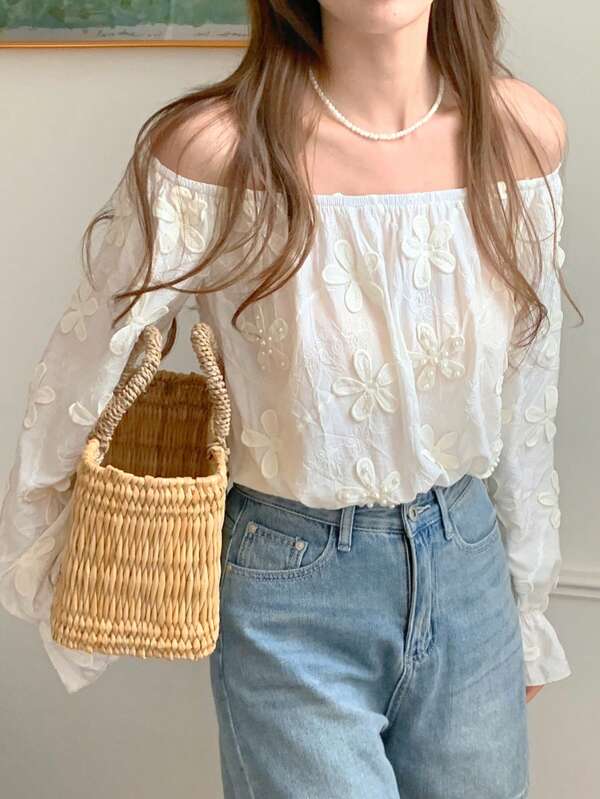 DAZY White 3D Flower & Faux Pearl Decor Off Shoulder Loose Flare Sleeve Vacation Style Shirt Cover Up