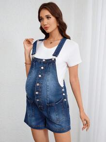 SHEIN Maternity Casual Washed Denim Bib Pants For Summer - Dark Wash - View 6
