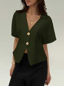 Aloruh Elegant Bat Wing Sleeve Double-Breasted Buttoned Solid Color Casual Shirt - Army Green - View 6