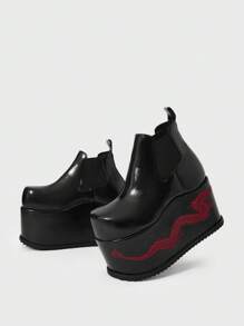 Sugerpunk Women's Black Platform Wedge Ankle Boots, Elevated Goth Style With Dragon Embroidery, Metal Decor & Chunky Heel - Black - View 5