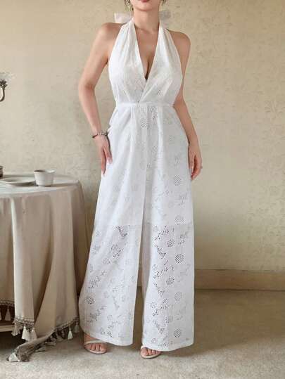 DAZY Women's Full Lace Halter Tie Wide Leg Solid Color Casual Vacation Jumpsuit Woman S Summer Clothes Women S White Dress Women Dresses Birthday Women Summer Clothing Women S Clothes Women Jumpsuits