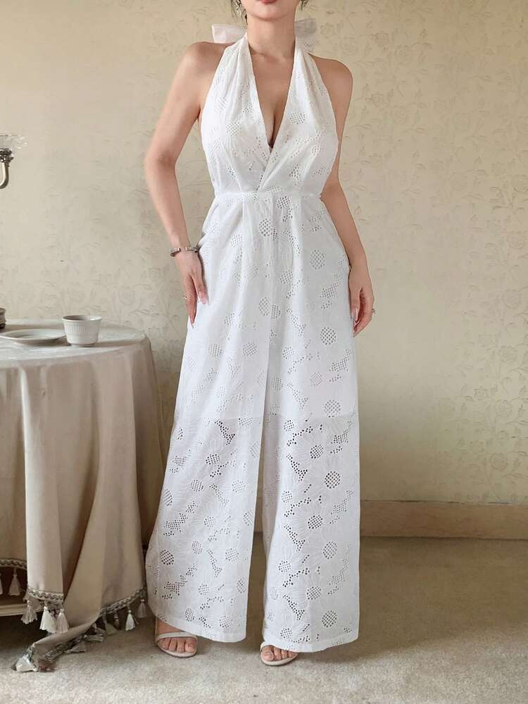 Women's Full Lace Halter Tie Wide Leg Solid Color Casual Vacation Jumpsuit Woman Summer Clothes Women White Birthday Women Summer Clothing Women Clothes Women Jumpsuits Cruise Outfit For Women