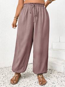 SHEIN Frenchy Plus Size Women Solid Color Ruffle Hem Drawstring Loose Pants,Summer Pants - Mocha Brown - View 6