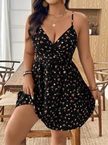 SHEIN Clasi 大码女式优雅 V 领碎花短裙，适合海滩度假、乡村 - 黑色 - 查看 3
