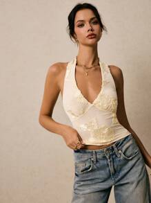 Poéselle Women Floral Jacquard Deep V Sexy Fitted Halter Top