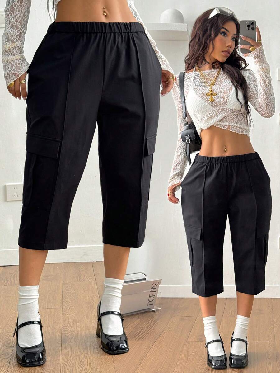 Coolane Pantalones cargo ajustados y cortos de verano para mujer, estilo Fairycore, festival de música, Old Money Gyaru, 90s, para el aeropuerto - Negro - Ver 1