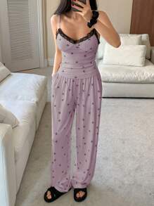 DAZY Bộ 3 món/Bộ đồ ngủ Pijama in họa tiết nơ nhiều màu, phối ren, chắp vá, áo hai dây, áo choàng và quần, quần áo mùa xuân, mùa thu đông - Màu tím hoa cà - Xem 5
