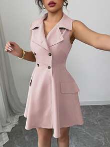 Elenzga Vestido corto sin mangas de primavera/verano con cuello de camisa, de doble botonadura, cinturón y falda acampanada con decoración de bolsillos falsos, de unicolor, para mujer, elegante y casual, para la oficina o vacaciones, en estilo francés