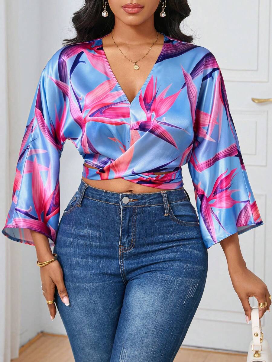 SHEIN Unity 女士热带花卉印花系带蝙蝠翼衬衫 - 藍色 - 查看 1
