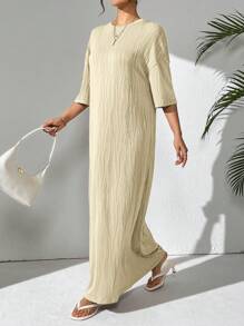 Mulvari Đầm Maxi Rộng Cổ Tròn Tay Dolman Màu Trơn Cho Nữ, Mùa Xuân/Hè, Đầm Maxi Hoàn Hảo Cho Trang Phục Đi Biển/Trang Phục Thường Ngày/Kỳ Nghỉ/Trang Phục Ở Nhà - Màu be - Xem 6
