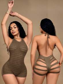 SHEIN SXY Women Ripped Sexy Halter-Neck Jumpsuit, Bodysuits For Women, Women Bodysuits, Mesh Jumpsuit, Halter Bodysuits,Sexy Outfits For Women