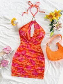 Soleia 女士度假风彩色印花图案深V领垂褶设计，不对称金属扣装饰，露背系带蝴蝶结修身迷你连衣裙，适合派对、约会、下午茶、海滩、邮轮等场合，打造夏季时尚性感波西米亚风造型。 - 彩色 - 查看 5