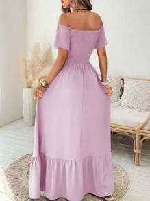SHEIN Clasi Vestido largo con volantes, hombros descubiertos y cordón en la cintura, estilo elegante de moda para mujer talla grande, para primavera y verano - Púrpura malva - Ver 2