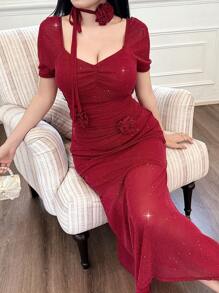 Modelyn Handmade 3D Floral Fitted Mermaid Hem Elegant Dress, Versatile Date Night Essential For Women - Burgundy - View 4