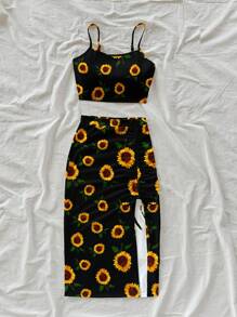 Soleia 女士休闲修身吊带背心和高开衩抽绳腰带裙套装，适合夏季、度假、向日葵和花卉印花 - 白色 - 查看 6