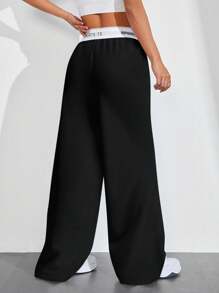 Exploreva 拼布带休闲阔腿运动裤 - 黑色 - 查看 6