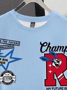 Claim Dot 男士夏季休闲标语印花短袖T恤 - 藍色 - 查看 5