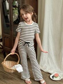 LMoss Kids LMoss 2pcs/Set Girl Knit Striped Round Neck Casual T-Shirt & Fitted Long Pants Outfit Girls Lounge Set Two Pieces Pants Set Kids Summer Lounge Set Tweens Two Piece Pants Set Kids Tween Girl Clothes Pants Set Tween Matching Set Knit Girls Co Ord Set School Tops - Black and White - View 5