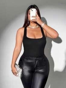 Viva Relle 大码女式休闲蕾丝拼接罗纹方领吊带背心，性感日常穿着 - 黑色 - 查看 6