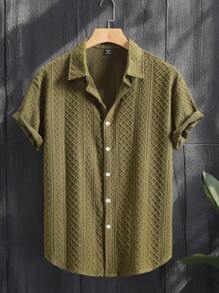 Manfinity Homme 男士夏季休闲纯色纹理面料短袖衬衫，沙滩休闲衬衫