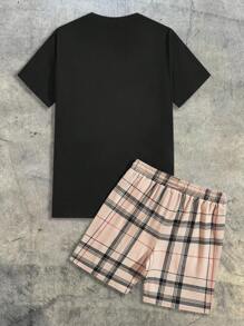 AXEPEAK Conjunto de camiseta de manga corta con estampado de oso a cuadros y shorts con cordón en la cintura para hombre, atuendo casual de streetwear de verano