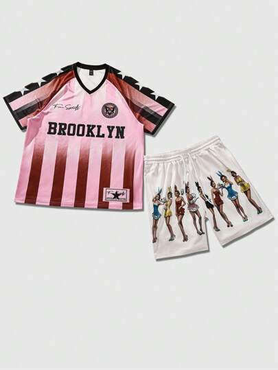 Street Life 1 Set Summer Jersey Men's T-Shirt Set, Stylish Sports Themed Woman Character Print Short Sleeve