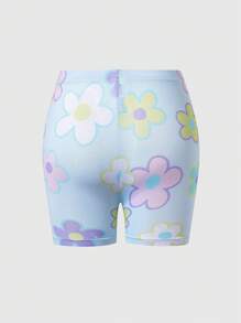 SHEIN Explorewe 少女牛奶丝印花蓝色打底小花自行车短裤