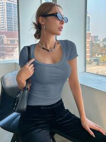 DAZY 女款素色圓領落肩袖休閒百搭短袖T恤校園風 - 霧霾藍 - 查看 5