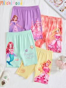 4pcs Young Girl Mermaid & Castle Print Leggings/Shorts Set