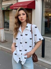 Camisa casual de mujer de manga corta con botones y rayas de fresa - Multicolor 2 - Ver 4