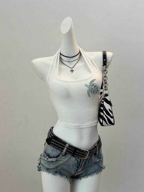 SHEIN EZwear Women's Casual Tight Halter Neck Camisole, Suitable For Summer, Backless, Turtle Print, Suitable For Summer, Suitable For Vacation,Vintage Style, Casual Vacation Style, Sexy Style, Cute, Y2K Coconut Girl Boho, Spring Break, Brunch-Ready Girls Trip, Neon Beach Vibes, Bohemian Hippie Style, Music Festival, Perfect For Summer