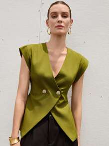 Aveloria Modichic New French Elegant Simple Commuting Versatile Rigorous Luxurious V-Neck Broad Shoulder Design Waist Ruched Slim-Fit Sleeveless Thin Blazer For Ladies - Army Green - View 4