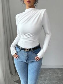 Selianne 性感修身立领收腰垫肩长袖纯白色针织紧身衣女式秋冬 - 白色 - 查看 6