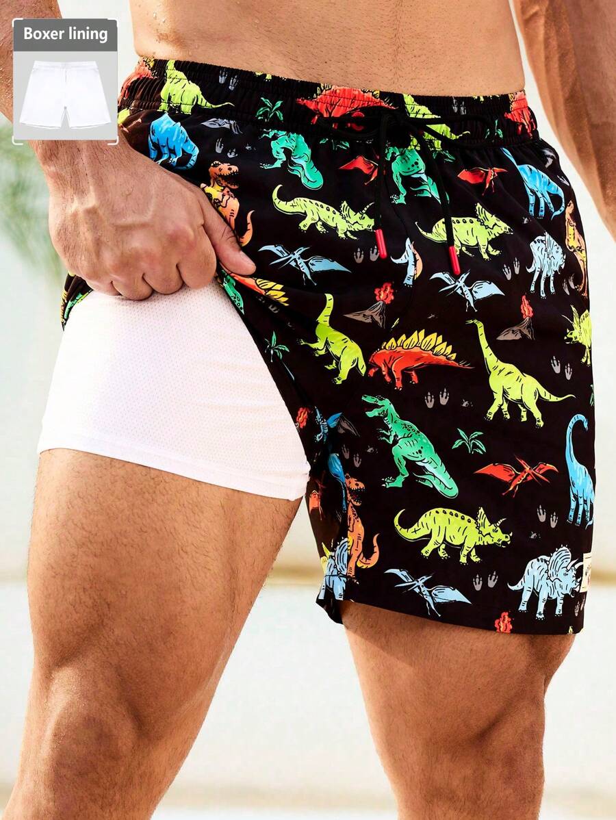 Manfinity VDAYZ Men's Cartoon Dinosaur Print Pocket Drawstring Waist Beach Shorts, Suitable For Summer - Black - View 1
